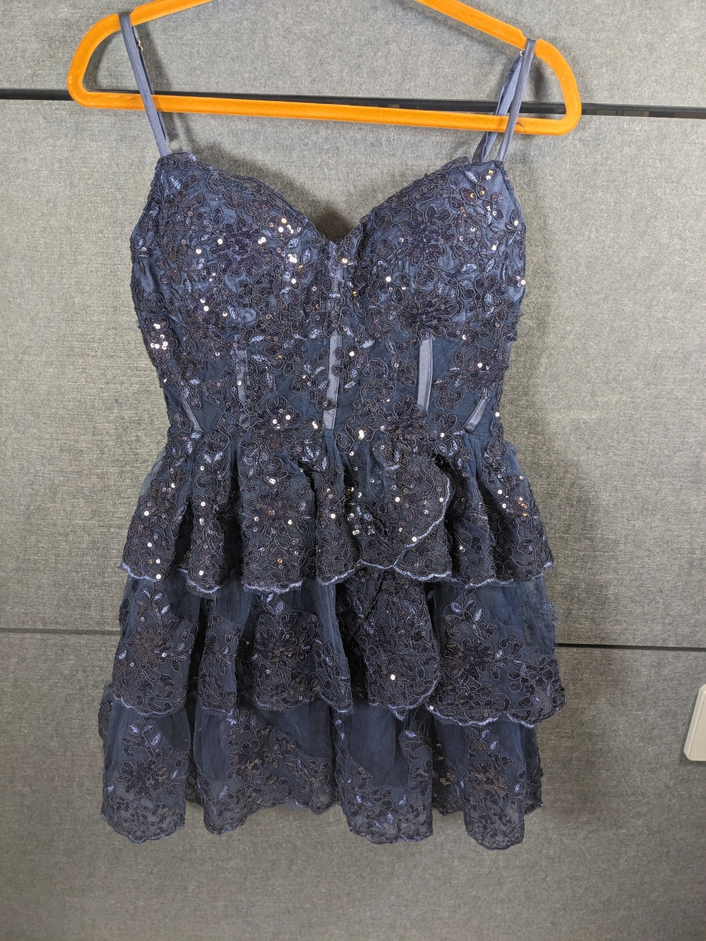 Navy Lace Sequin Tiered Prom Dress with Spaghetti Straps